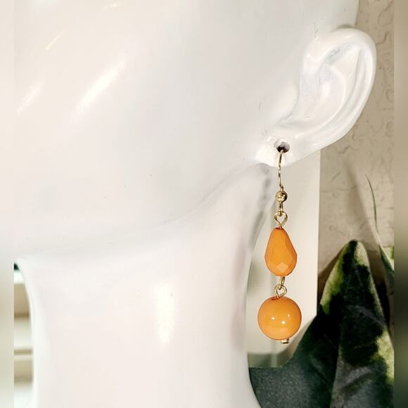 Gold Tone Orange Dangle Earrings - Lightweight Beaded - Picture 2 of 8
